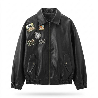 Mens Outlet House - Mitir | Patched Zip-Up Leather Jacket Men