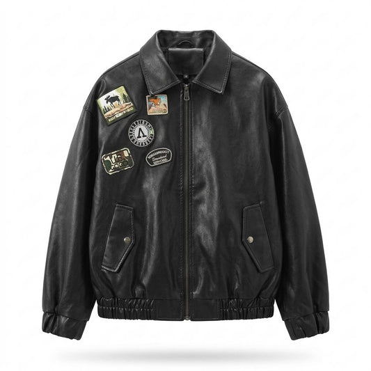 Mens Outlet House - Mitir | Patched Zip-Up Leather Jacket Men