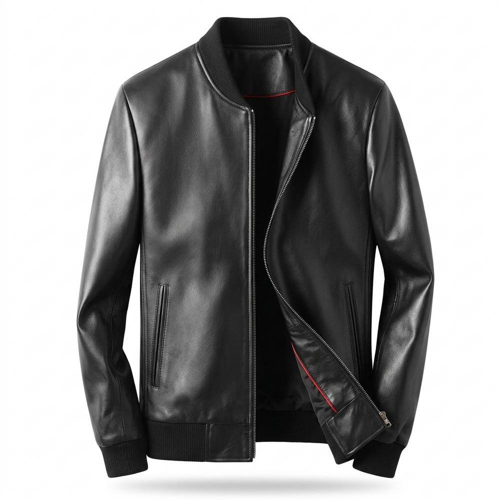 Mens Outlet House - Niram | Zip-Up Ribbed-Collar Leather Jacket Men