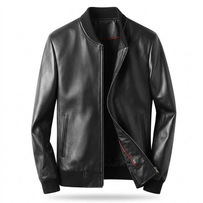 Mens Outlet House - Niram | Zip-Up Ribbed-Collar Leather Jacket Men