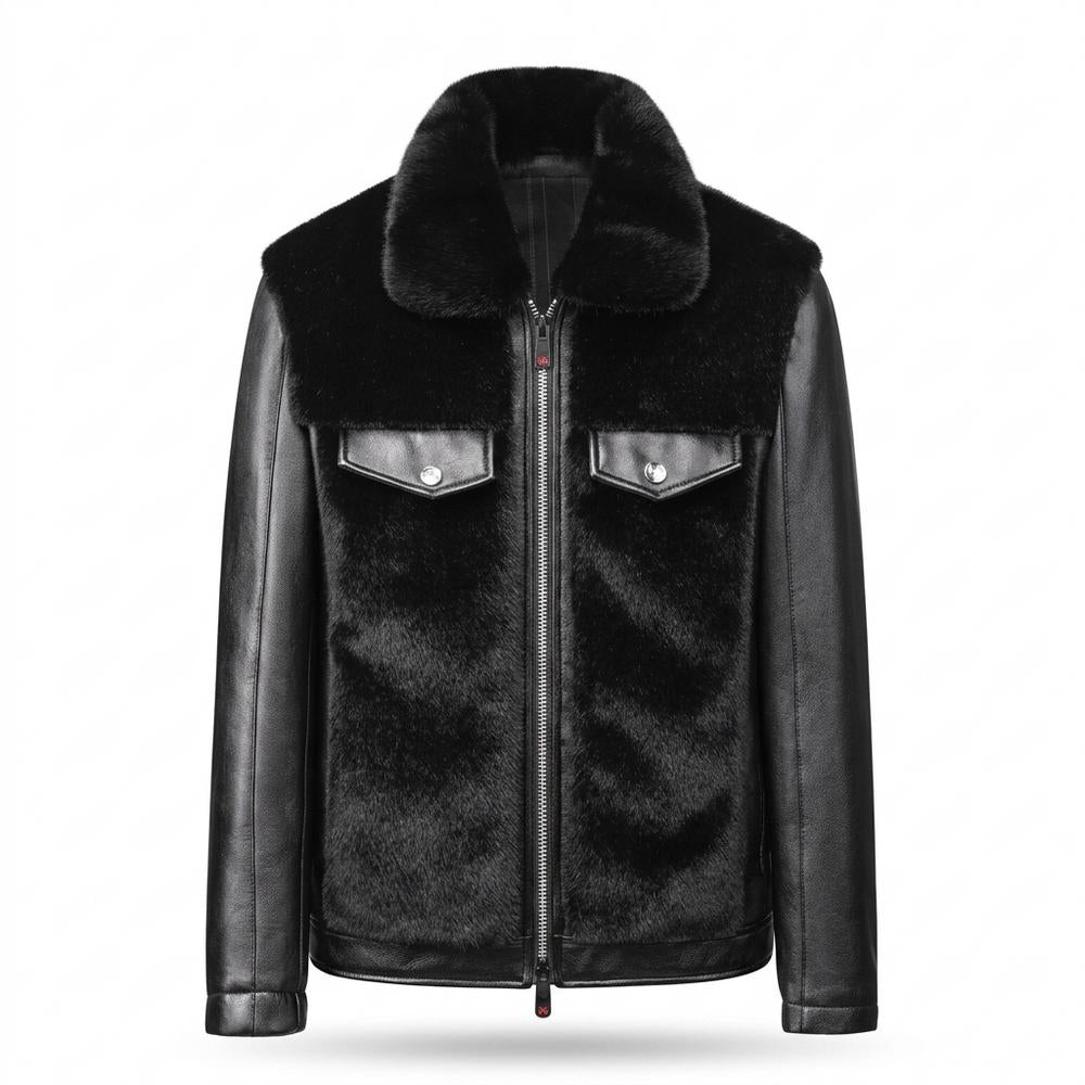 Mens Outlet House - Lolom | Faux Fur-Paneled Zip-Up Leather Jacket Men