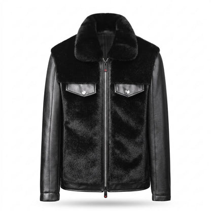 Mens Outlet House - Lolom | Faux Fur-Paneled Zip-Up Leather Jacket Men