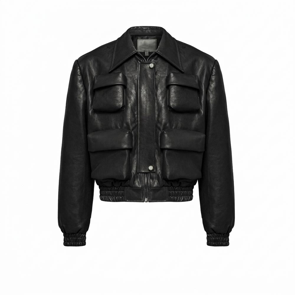 Mens Outlet House - Noral | Cargo-Pocket Smocked Leather Jacket Unisex