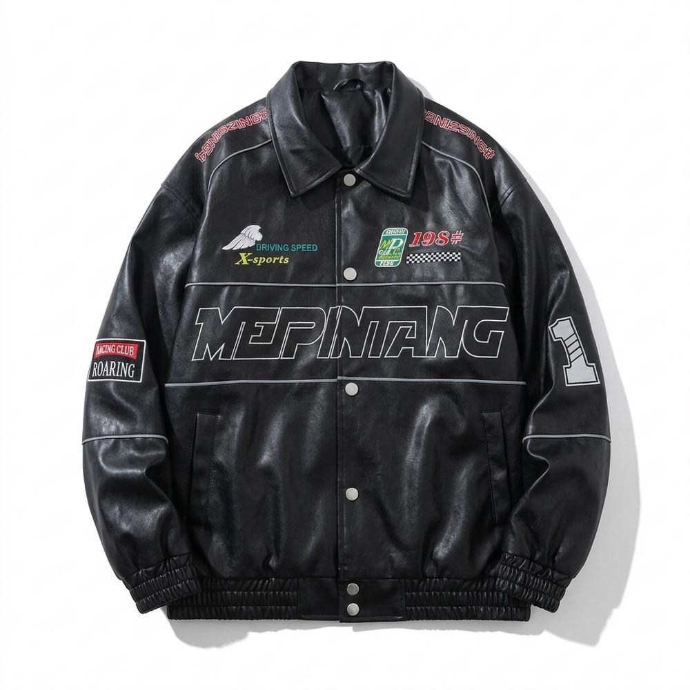 Mens Outlet House - Ninav | Embroidered Button-Up Leather Jacket Unisex