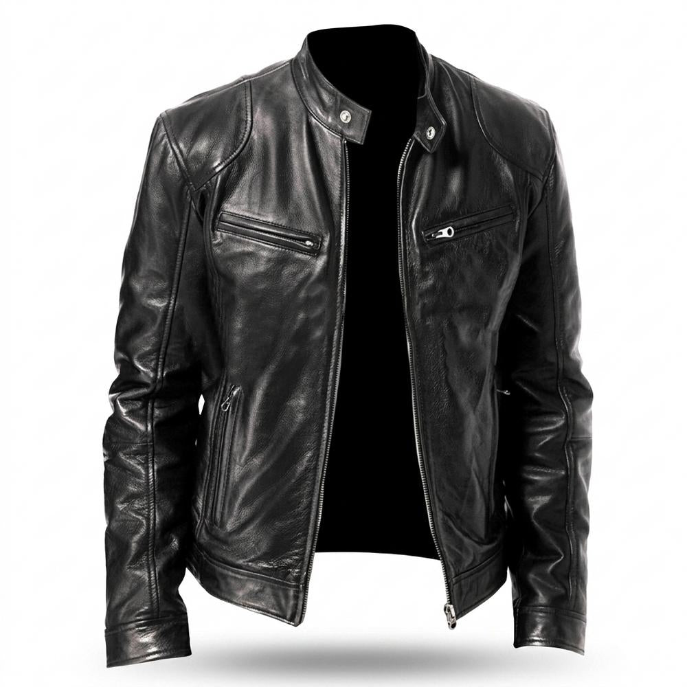 Mens Outlet House - Raser | Zippered Stand-Collar Leather Jacket Men