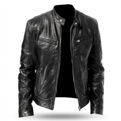 Mens Outlet House - Raser | Zippered Stand-Collar Leather Jacket Men