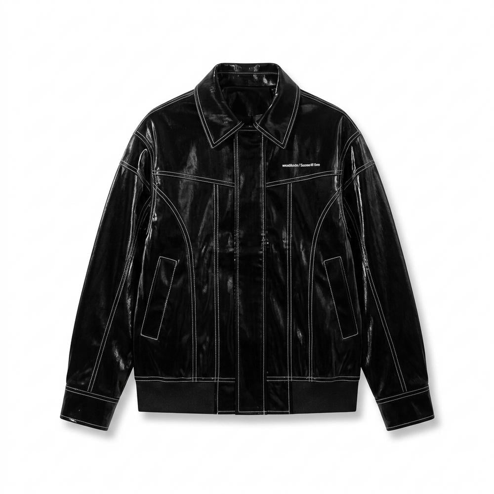 Mens Outlet House - Lyken | High-Shine Contrast-Stitched Leather Jacket Unisex