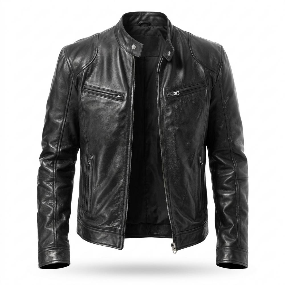 Mens Outlet House - Colom | Zippered Stand-Collar Leather Jacket Men