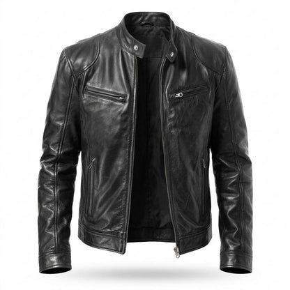Mens Outlet House - Colom | Zippered Stand-Collar Leather Jacket Men