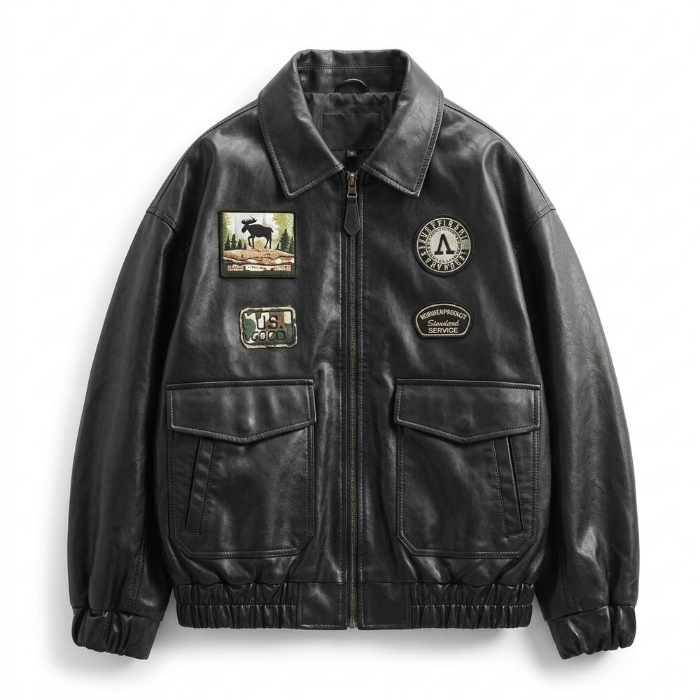 Mens Outlet House - Mirev | Patched Zip-Up Leather Jacket Men