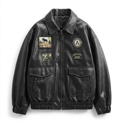 Mens Outlet House - Mirev | Patched Zip-Up Leather Jacket Men