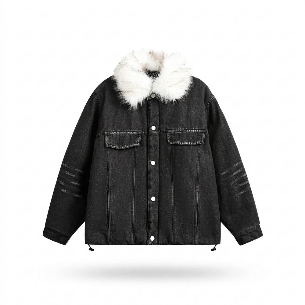 Mens Outlet House - Kezan | Fur-Collar Washed Denim Jacket Unisex