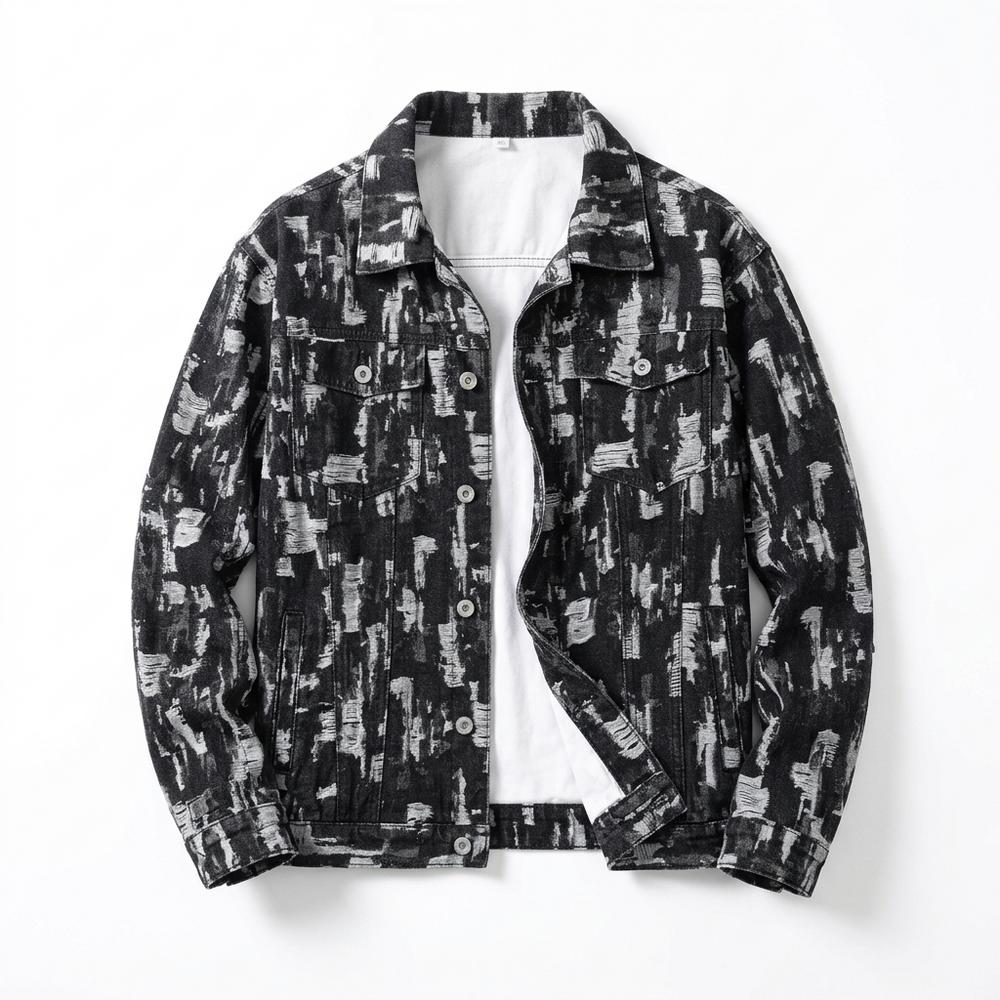 Mens Outlet House - Taran | Patterned Distressed Denim Jacket Men