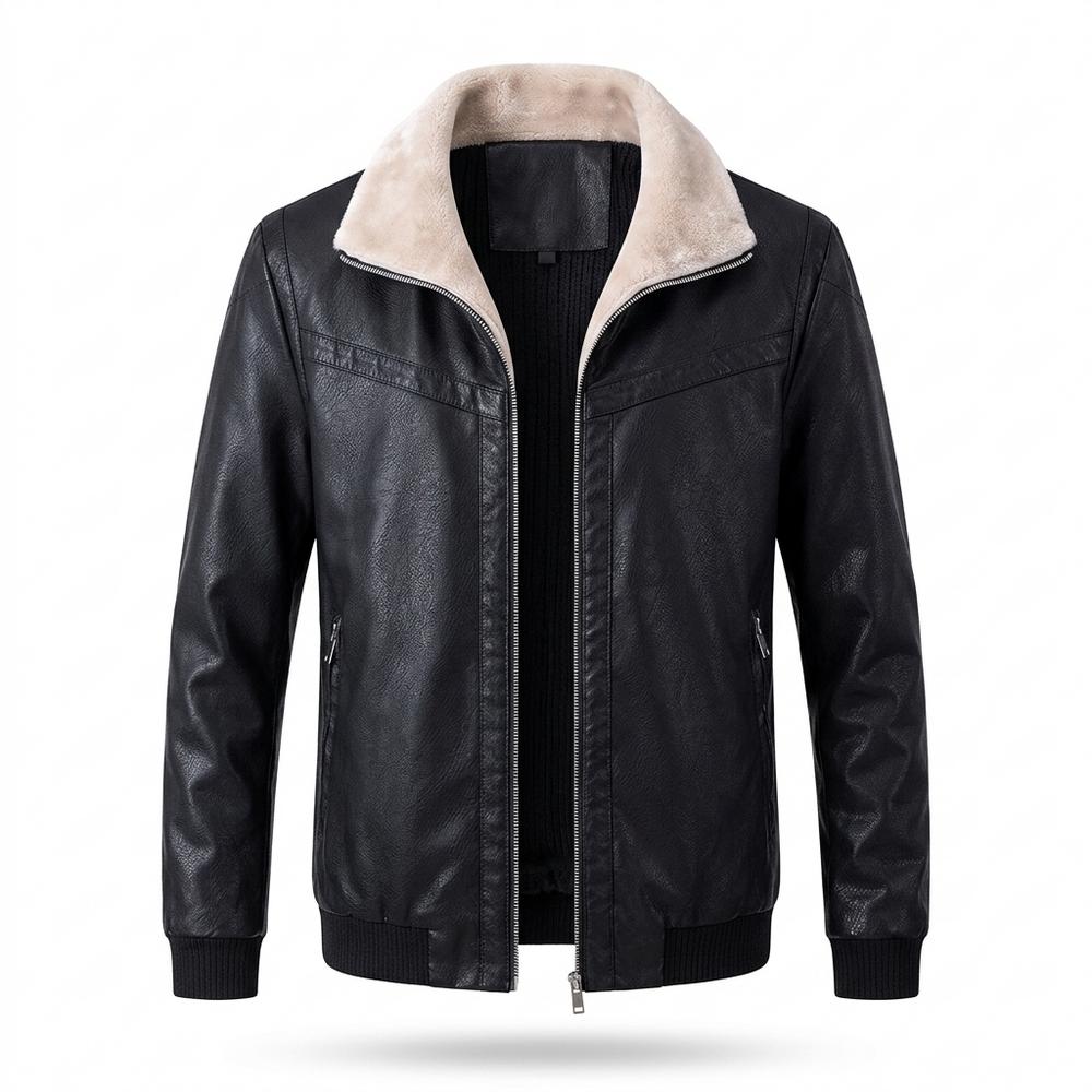 Mens Outlet House - Yoduv | Fleece-Collar Zip-Up Leather Jacket Men