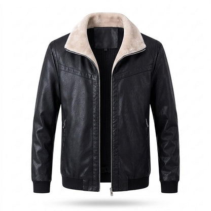 Mens Outlet House - Yoduv | Fleece-Collar Zip-Up Leather Jacket Men
