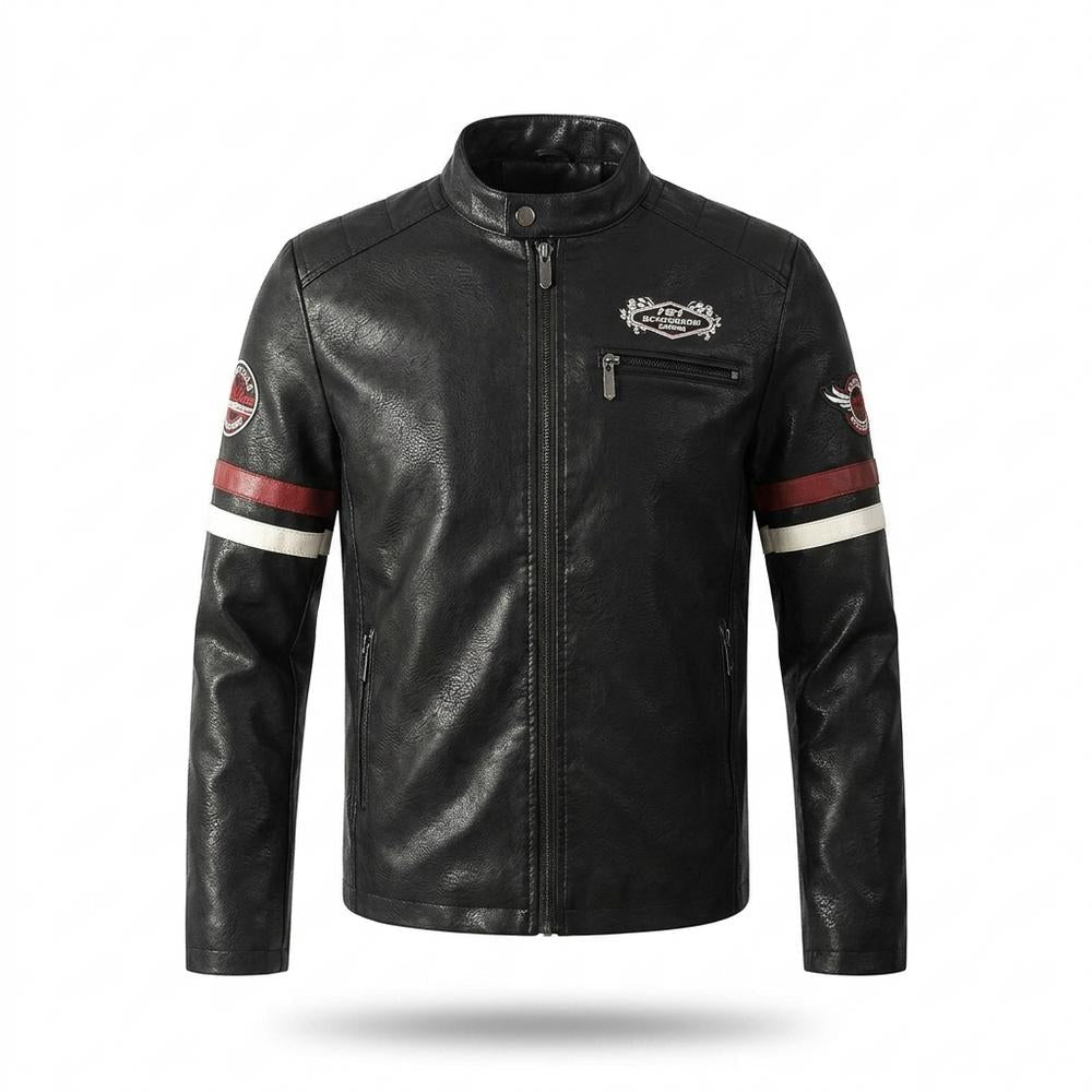 Mens Outlet House - Nekar | Striped Embroidered Leather Jacket Men