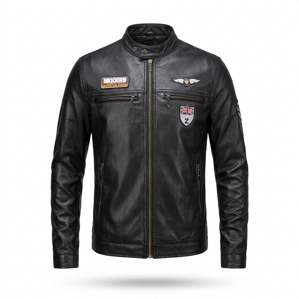 Mens Outlet House - Lomin | Fitted Patched Leather Jacket Men