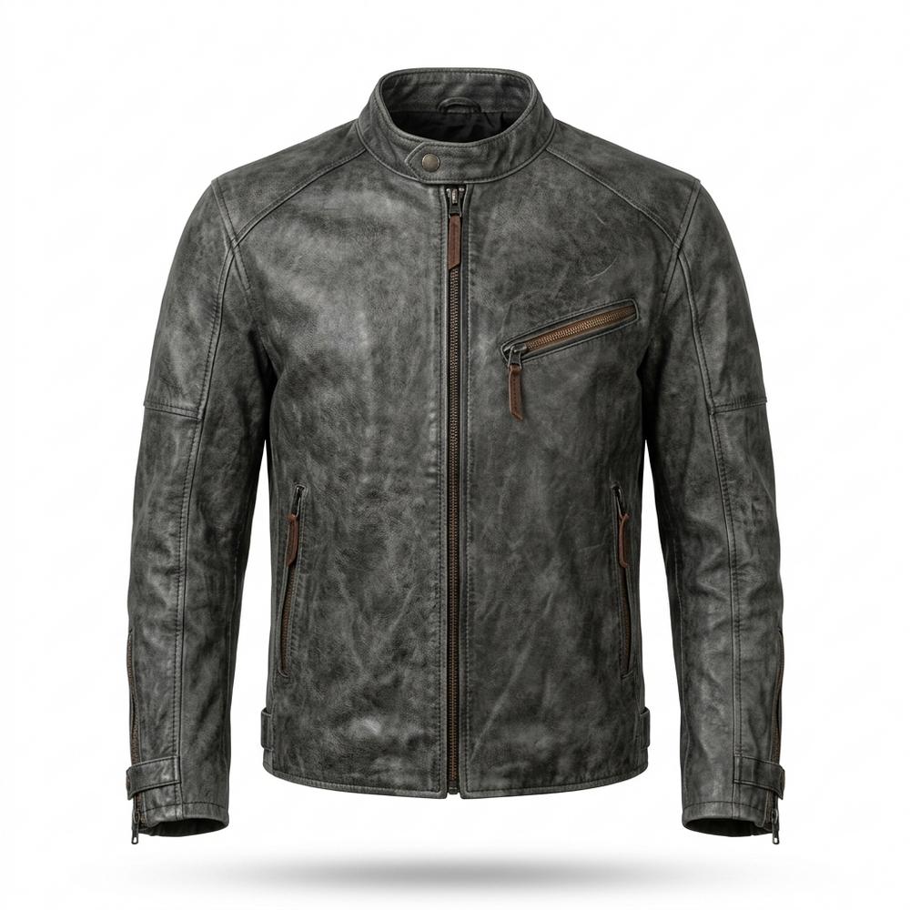 Mens Outlet House - Zavan | Textured Band Collar Leather Jacket Men