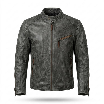 Mens Outlet House - Zavan | Textured Band Collar Leather Jacket Men