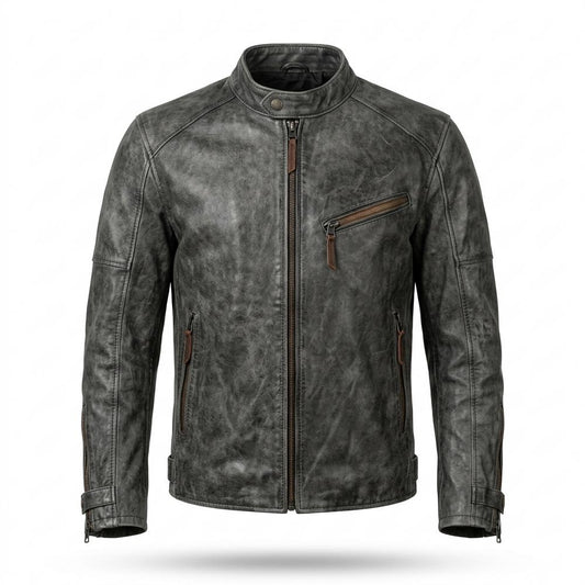 Mens Outlet House - Zavan | Textured Band Collar Leather Jacket Men