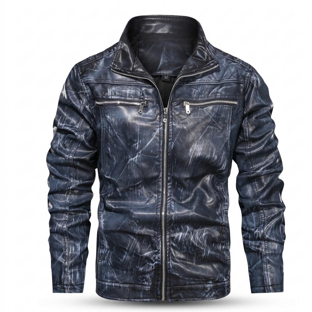 Mens Outlet House - Velen | Washed Stand-Collar Leather Jacket Men