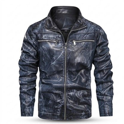 Mens Outlet House - Velen | Washed Stand-Collar Leather Jacket Men