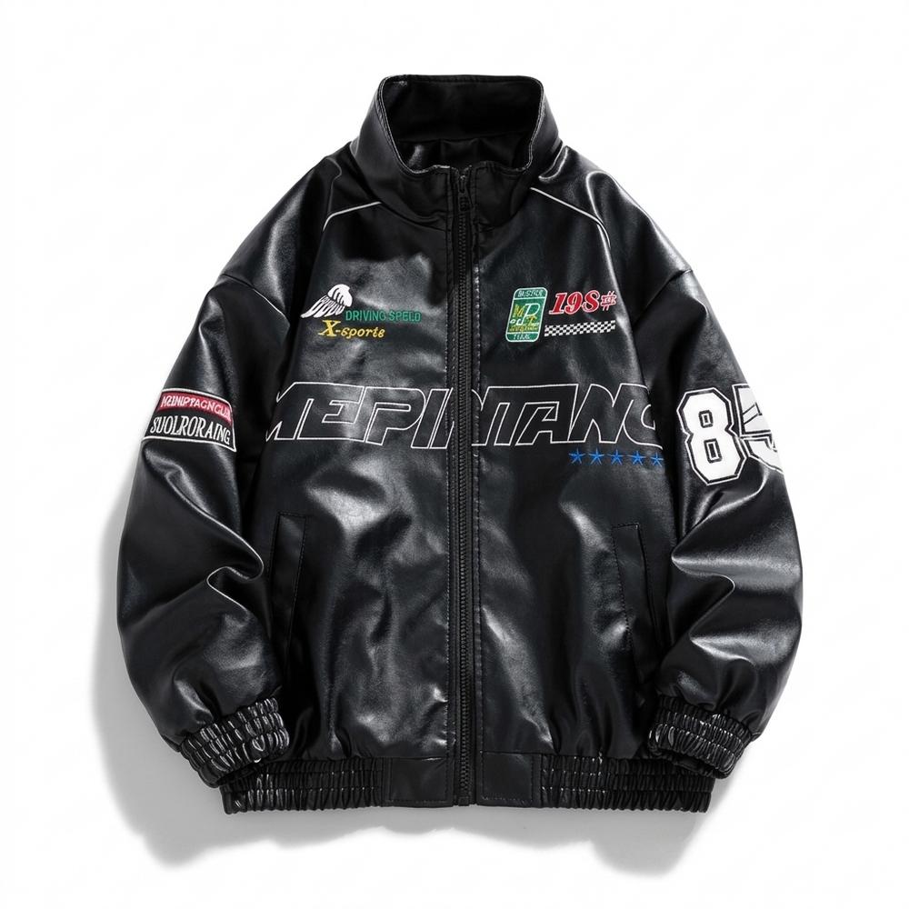 Mens Outlet House - Savel | Embroidered Zip-Up Leather Jacket Unisex