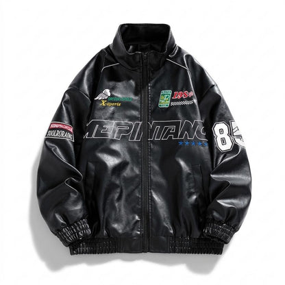 Mens Outlet House - Savel | Embroidered Zip-Up Leather Jacket Unisex