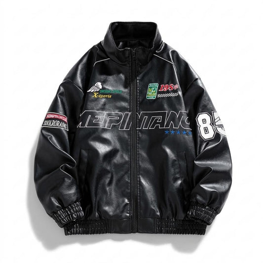 Mens Outlet House - Savel | Embroidered Zip-Up Leather Jacket Unisex