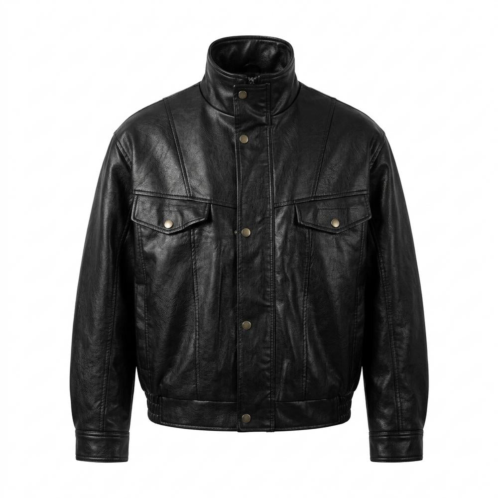 Mens Outlet House - Tanav | High-Collar Button-Up Leather Jacket Men