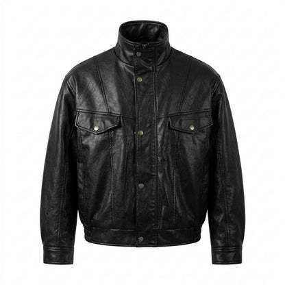 Mens Outlet House - Tanav | High-Collar Button-Up Leather Jacket Men