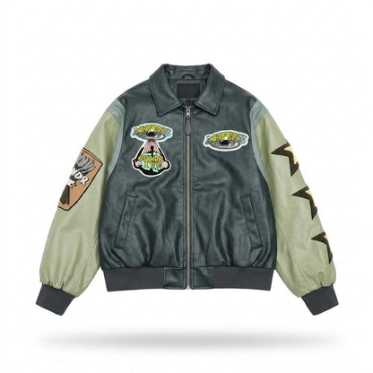 Mens Outlet House - Conor | Patched Two-Tone Leather Jacket Unisex