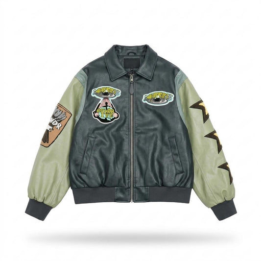 Mens Outlet House - Conor | Patched Two-Tone Leather Jacket Unisex