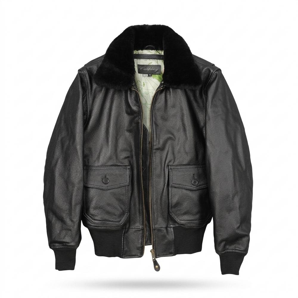 Mens Outlet House - Visen | Grained Fur-Collar Leather Jacket Men