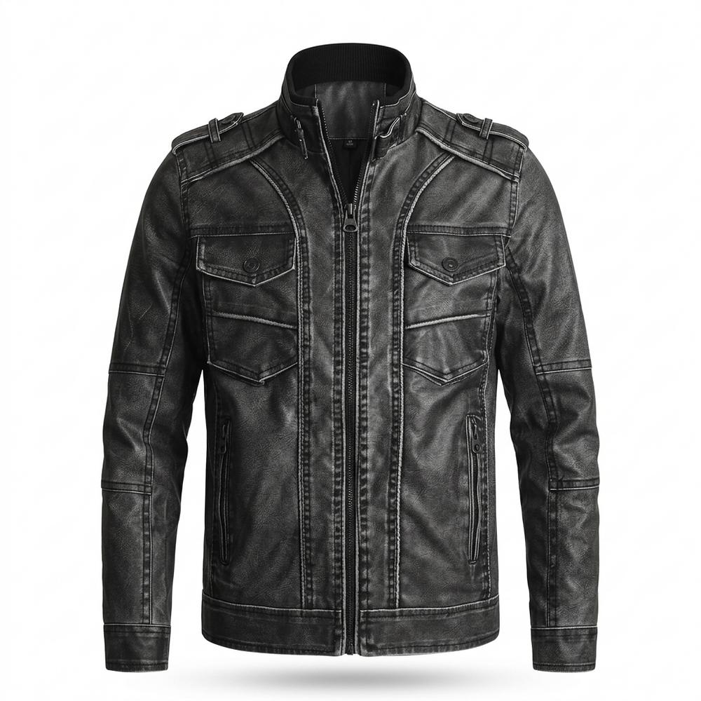 Mens Outlet House - Tilev | Washed Stand-Collar Leather Jacket Men