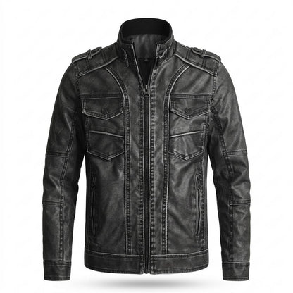 Mens Outlet House - Tilev | Washed Stand-Collar Leather Jacket Men