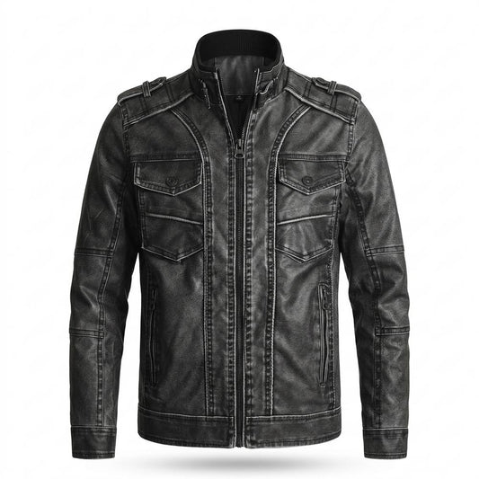 Mens Outlet House - Tilev | Washed Stand-Collar Leather Jacket Men