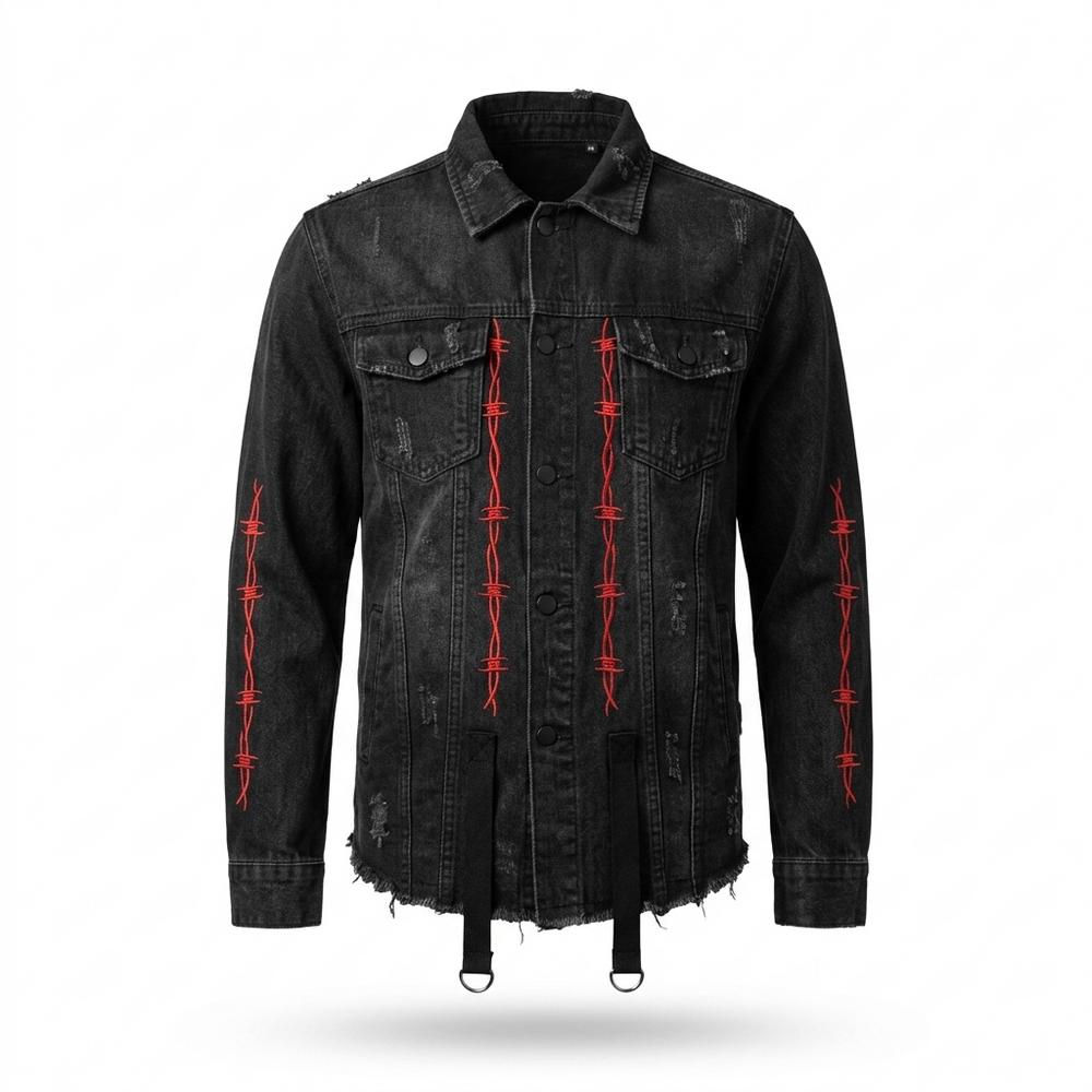 Mens Outlet House - Ramer | Embroidered Distressed Denim Jacket Unisex