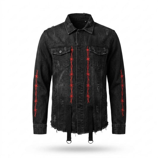 Mens Outlet House - Ramer | Embroidered Distressed Denim Jacket Unisex