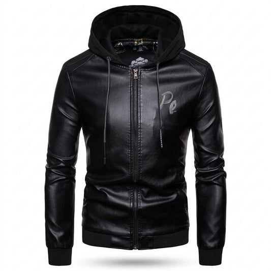 Mens Outlet House - Nonor | Hooded Zip-Up Leather Jacket Men