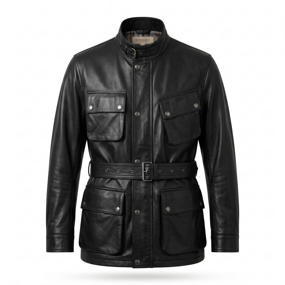 Mens Outlet House - Vilal | Belted Four-Pocket Leather Jacket Men