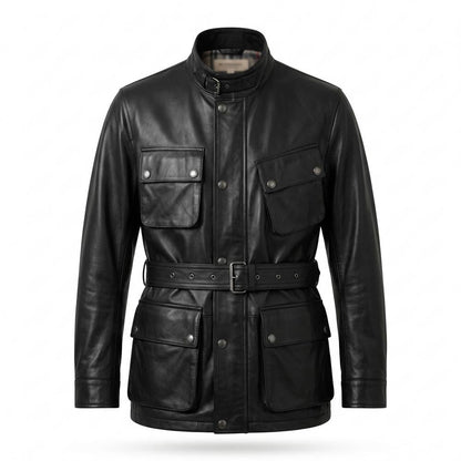 Mens Outlet House - Vilal | Belted Four-Pocket Leather Jacket Men