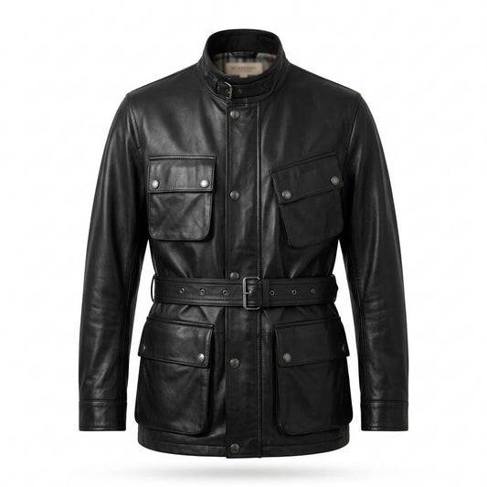 Mens Outlet House - Vilal | Belted Four-Pocket Leather Jacket Men