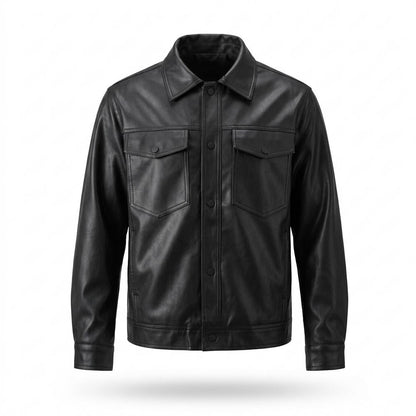 Mens Outlet House - Kemor | Button-Front Collared Leather Jacket Men