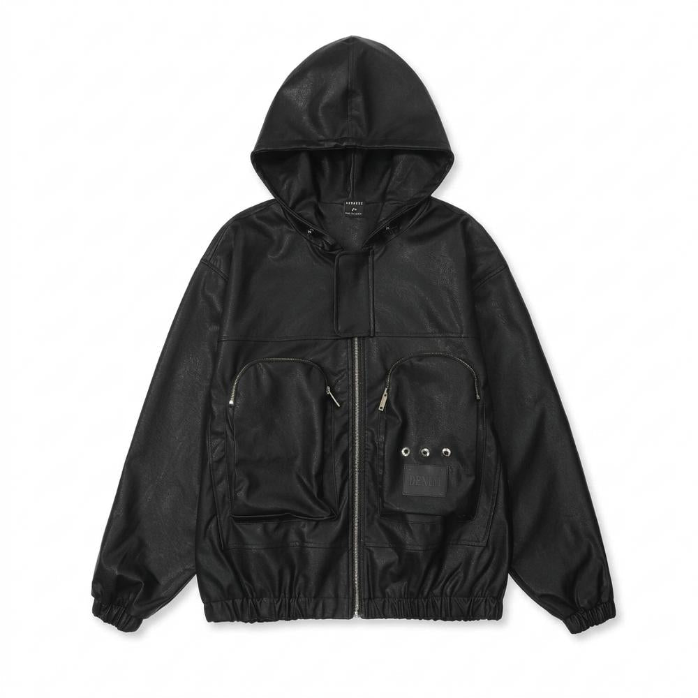 Mens Outlet House - Datal | Hooded Multi-Pocket Leather Jacket Unisex