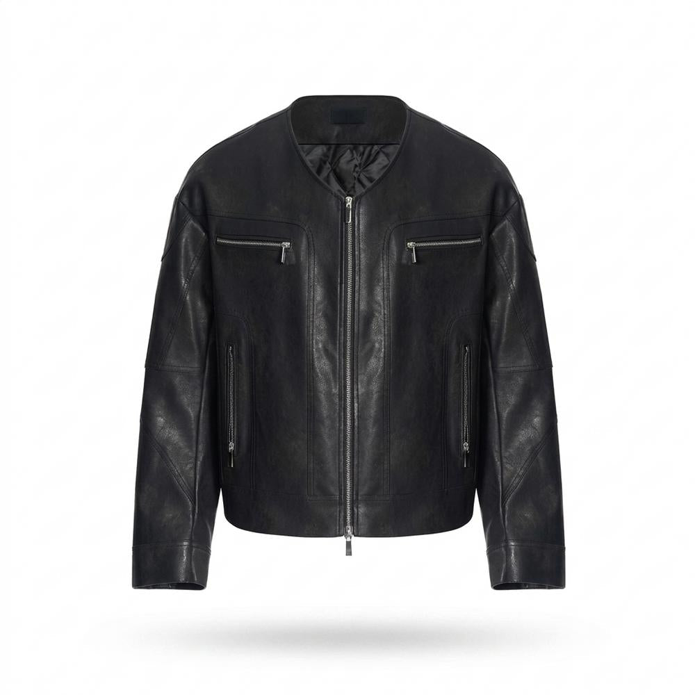 Mens Outlet House - Almar | Collarless Faux-Leather Leather Jacket Men