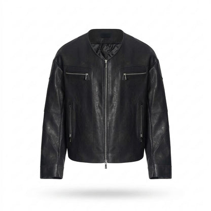 Mens Outlet House - Almar | Collarless Faux-Leather Leather Jacket Men