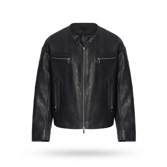 Mens Outlet House - Almar | Collarless Faux-Leather Leather Jacket Men