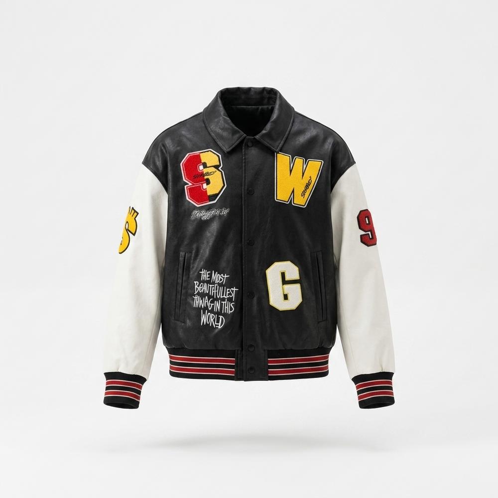Mens Outlet House - Keren | Embroidered Color-Block Leather Jacket Unisex