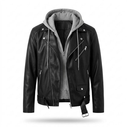 Mens Outlet House - Zelev | Hooded Asymmetrical Leather Jacket Men